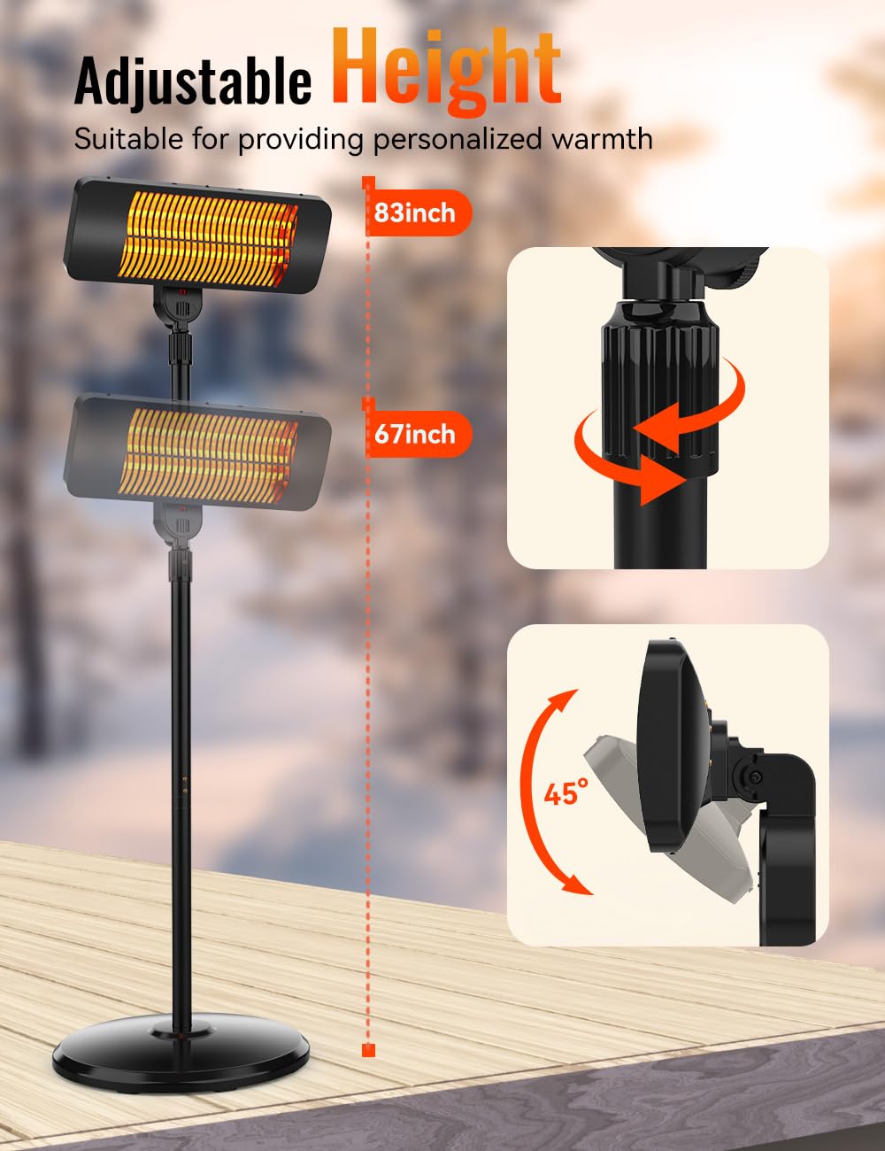 Outdoor Heaters for Patio, 12H Timer&3 Heat Level, IP54 Waterproof Electric Heater,1500W Infrared Heating Covers 300Sq.ft, Tip-Over Protection, Towel Bracket, Remote, 83" Patio Heaters for Outdoor Use