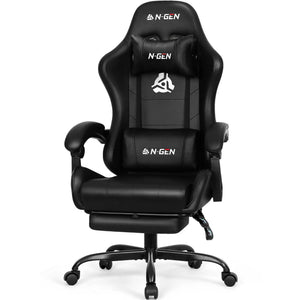 Video Gaming Chair with Footrest Lumbar Support for Home Office High Back Recliner Height Adjustable Ergonomic Comfy Leather Computer Desk Chair (Carbon Black)