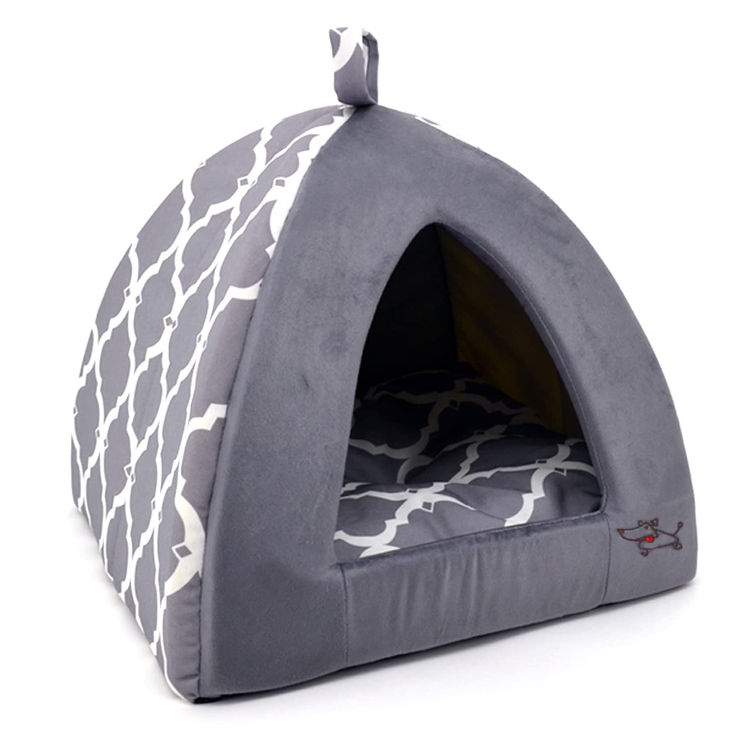 Dog House Bed Crate Mat Tent Indoor Round Soft Plush for Small, Medium, and Large Breeds - Gray Lattice, 19 x 19 x H:19