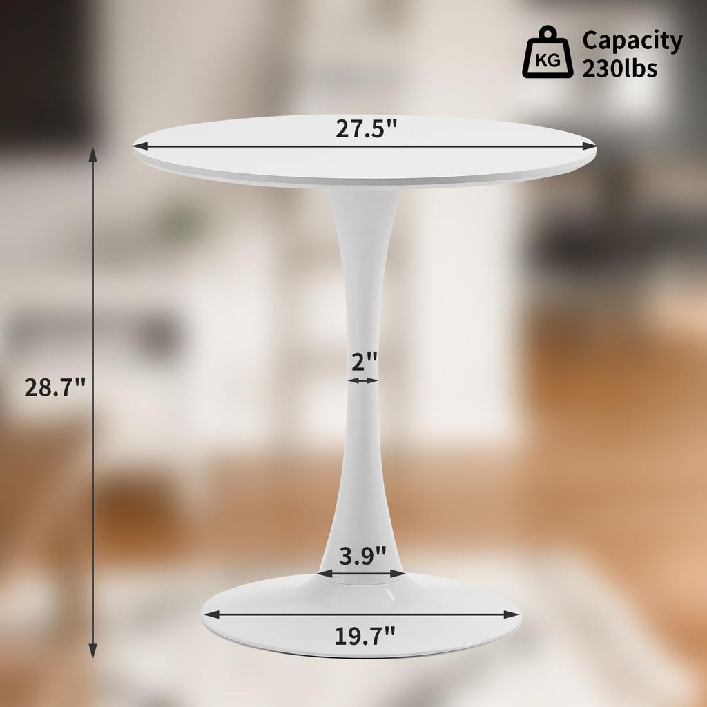 White Round Dining Table, 27.6" Tulip Table Kitchen Round Dining Table for 1-2 People with MDF Table Top and Metal Pedestal Base, Mid-Century Leisure Table for Home, Dining Room, Cafe