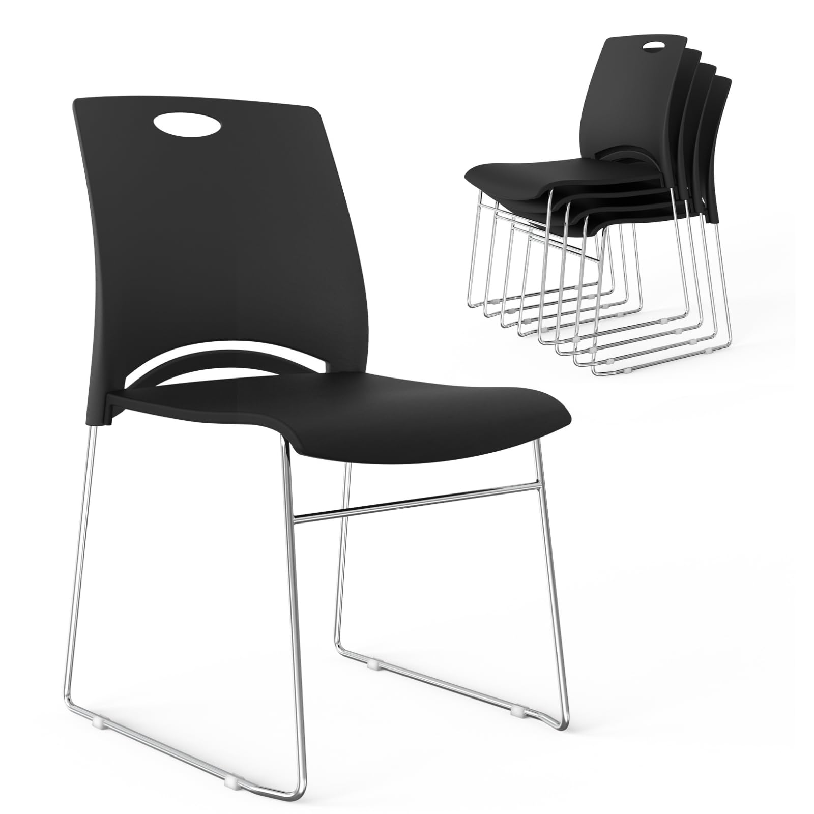 Stacking Chairs Set of 5 Stackable Office Chairs with Metal Sled Base, Ergonomic Plastic Seat, Stacking Chairs for Waiting Room Break Room Banquet Guest, Black