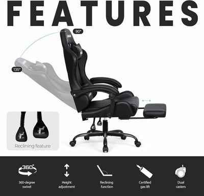 Video Gaming Chair with Footrest Lumbar Support for Home Office High Back Recliner Height Adjustable Ergonomic Comfy Leather Computer Desk Chair (Carbon Black)