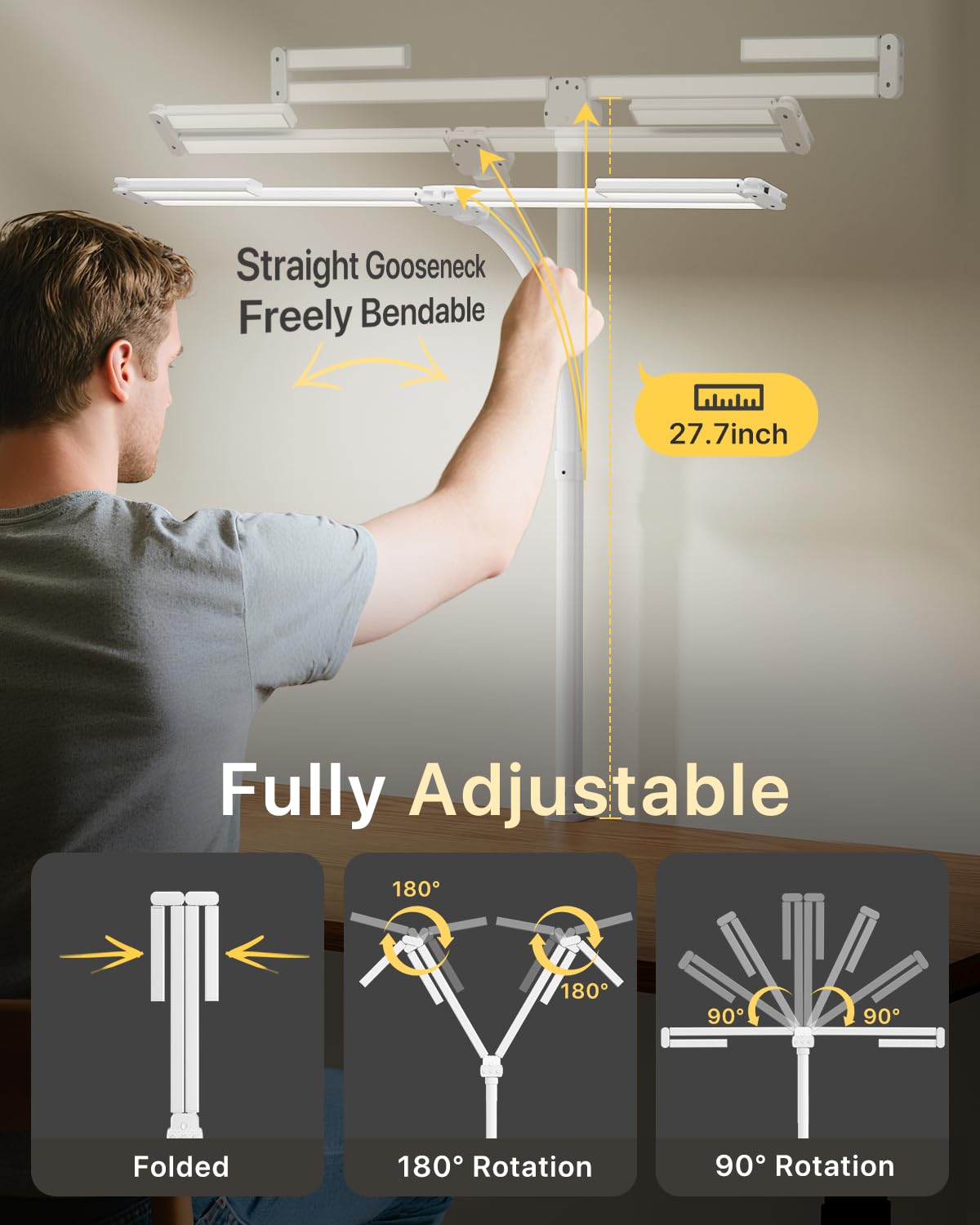 42" LED Desk Lamp for Home Office, Eye-Caring Desk Light with Adjustable 4-Segment Bar, 1800LM Bright, Remote, Architect Table Lamp with Base for Dual Monitors, Reading, Study, Workbench(White)