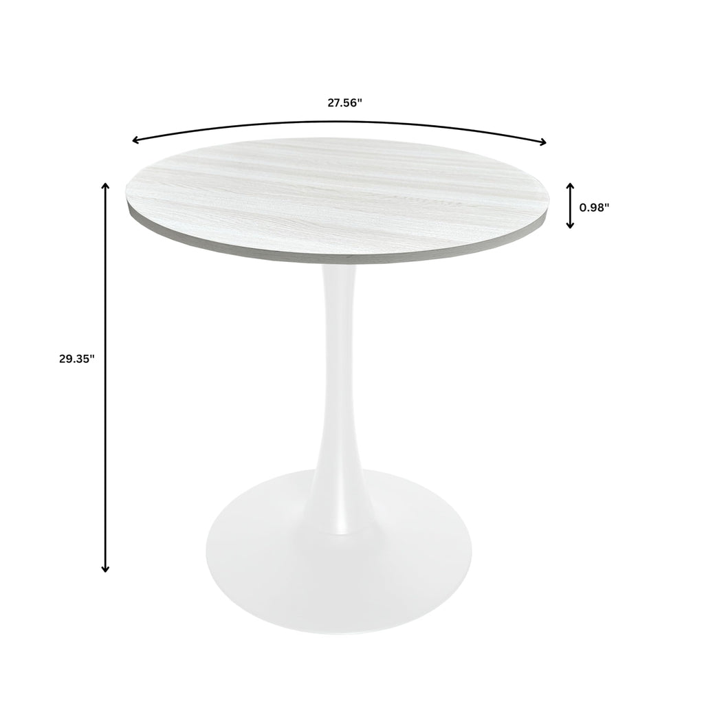 27" Wide Round Dining Table, Modern MDF Wood Top & White Metal Pedestal Base Gloss Finish Accent Table Mid-Century Café Table, Kitchen Dining Room Furniture, Light Natural