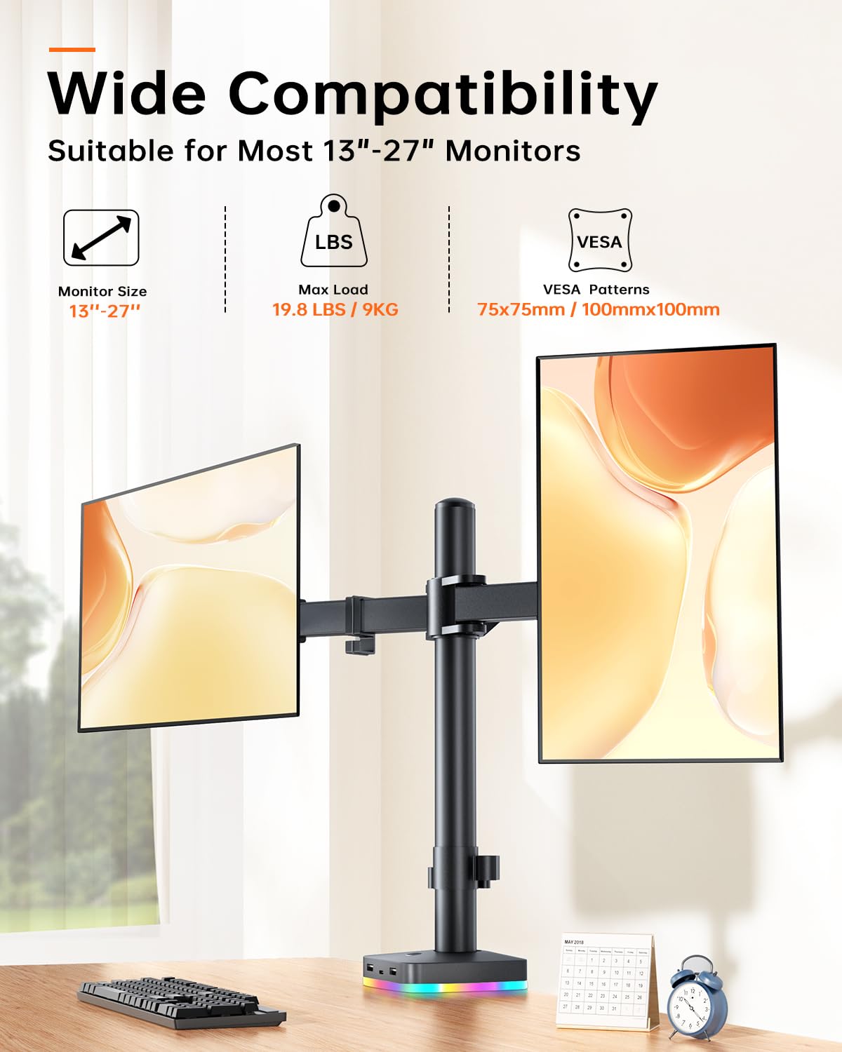 RGB Single Monitor Stand, Monitor Arm with 3 USB Ports, Charging and USB Data Transfer Function, Adjustable Desk Mount for 13"-27" Monitors up to 17.6lbs, VESA 75x75mm 100x100mm, Ergonomic Design