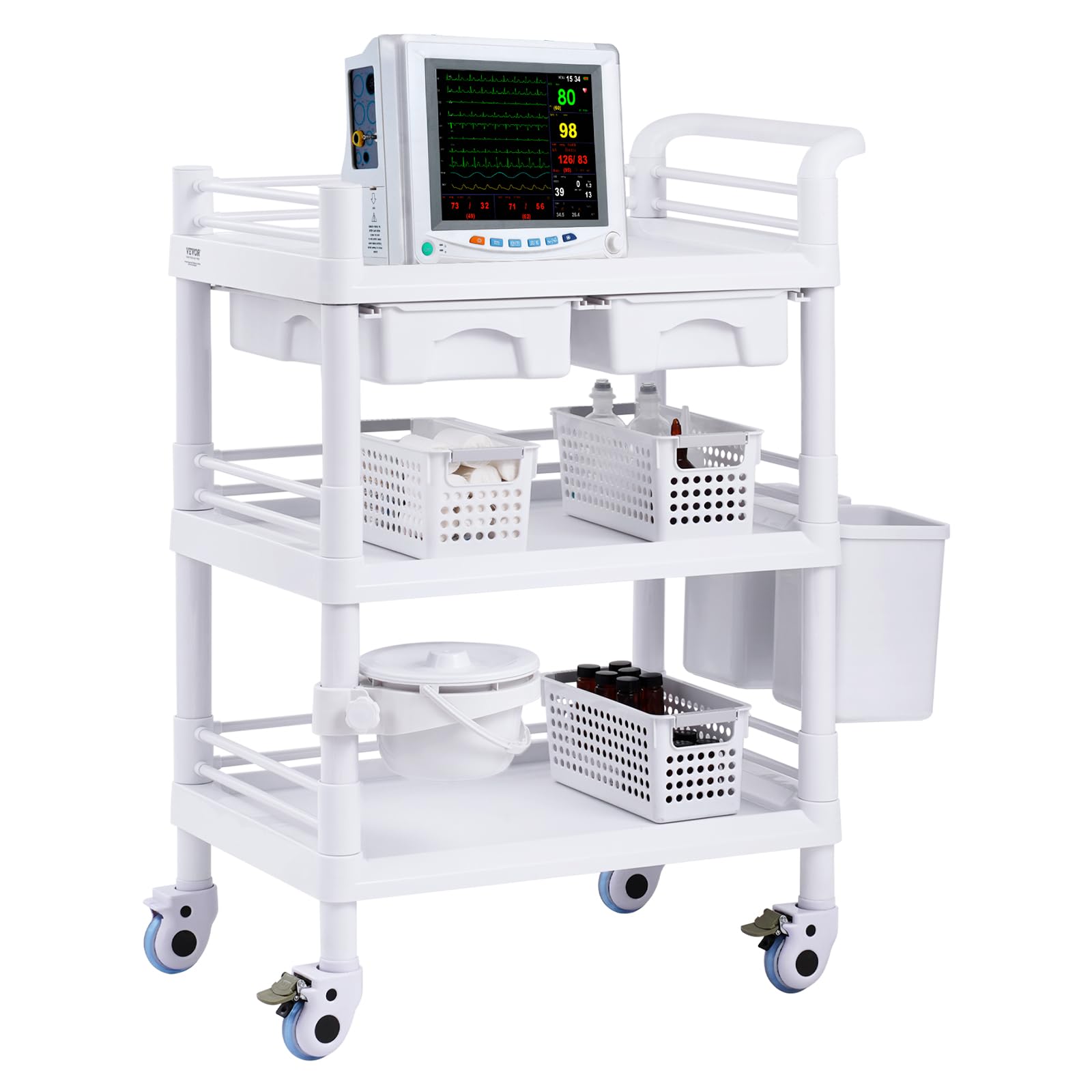 Medical Mobile Trolley Cart with 2 Drawers & 3 Trash Cans, 3 Tiers Beauty Salon Rolling Trolley with 4 Silent Wheels & 2 Dirts Bucket & Bowl, Medical Utility Cart for Hospital Dental Clinic Lab