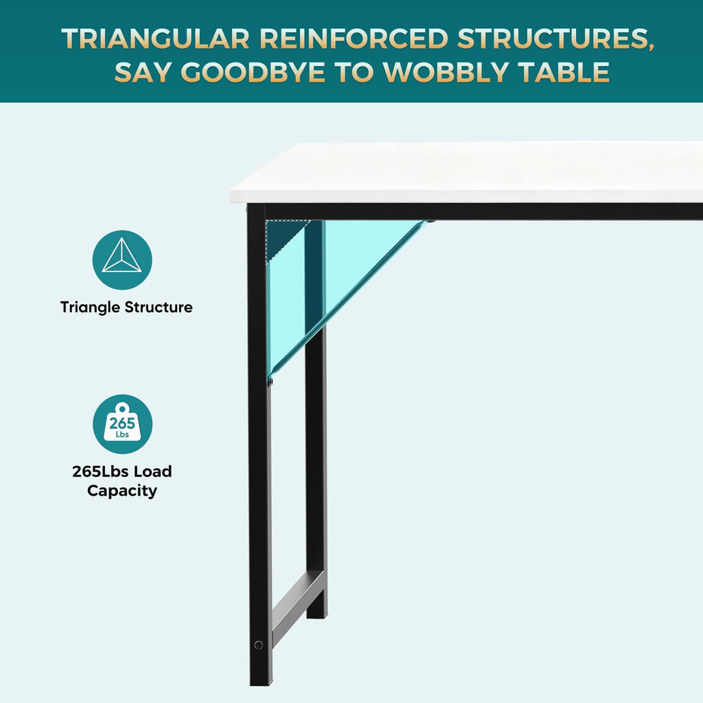63 Inch Computer Desk for Home Office, Modern Study Work Table Simple Style for Bedroom, Large Writing Desks with Triangular Reinforcement, Wood White
