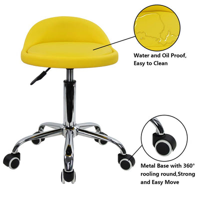 PU Leather Round Rolling Stool with Back Rest Height Adjustable Swivel Drafting Work SPA Task Chair with Wheels (Yellow)