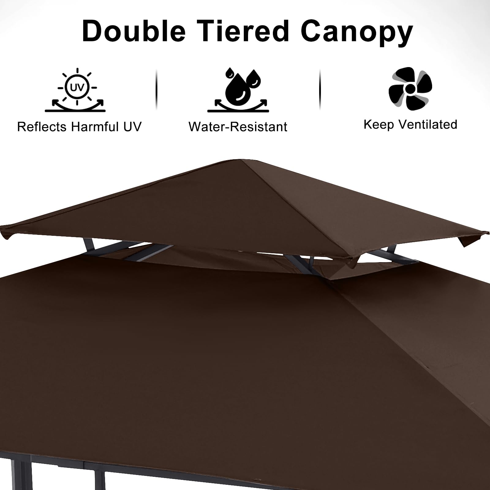 Grill Gazebo with 2 Side Awnings - 14x5 Outdoor BBQ Canopy Shelter with 2 Led Lights for Patio Backyard Grilling (Brown)