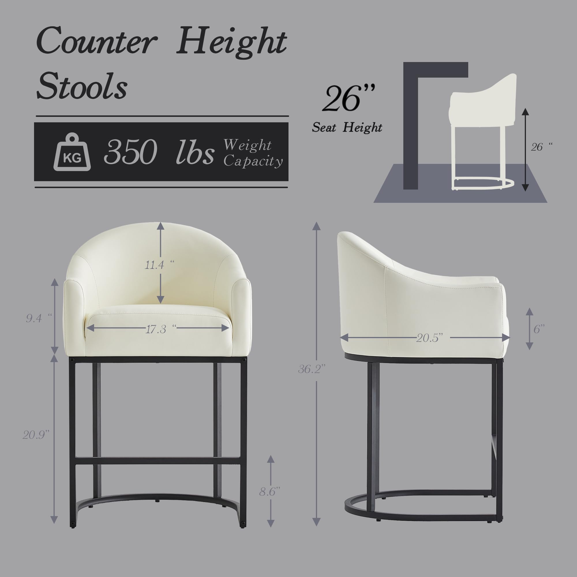 26" Modern Counter Height Bar Stools,Barstools with Arms,Kitchen Island Chairs,PU Leather Upholstered Barrel Bar Stools with Backs,Metal Black Frames,Beige White Leather
