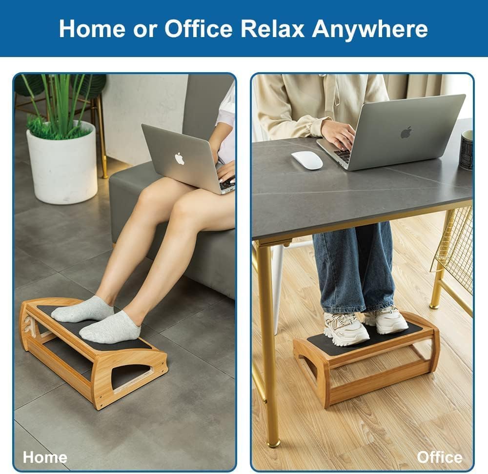 Ergonomic Under Desk Footrest, 3 Adjustable Heights Wooden Office Footrest, Large Anti-Slip Surface, Improves Posture and Blood Circulation, up to 400lbs (Natural)