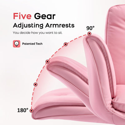 Criss Cross Office Chair, PU Leather Vanity Chair with 5-Level Adjustable Armrests & Swivel, Ergonomic Criss Cross Chair for Home Office Bedroom Makeup（Pink）