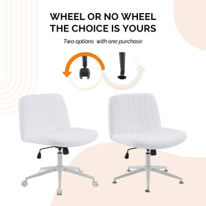 Criss Cross Legged Chair,Wide Comfy Office Desk Chair,Dual-Use with/no Wheels Computer Task Chair,Swivel Armless Vanity Boucle Chair for Study,Make Up,Home Office,Teddy Fleece,White