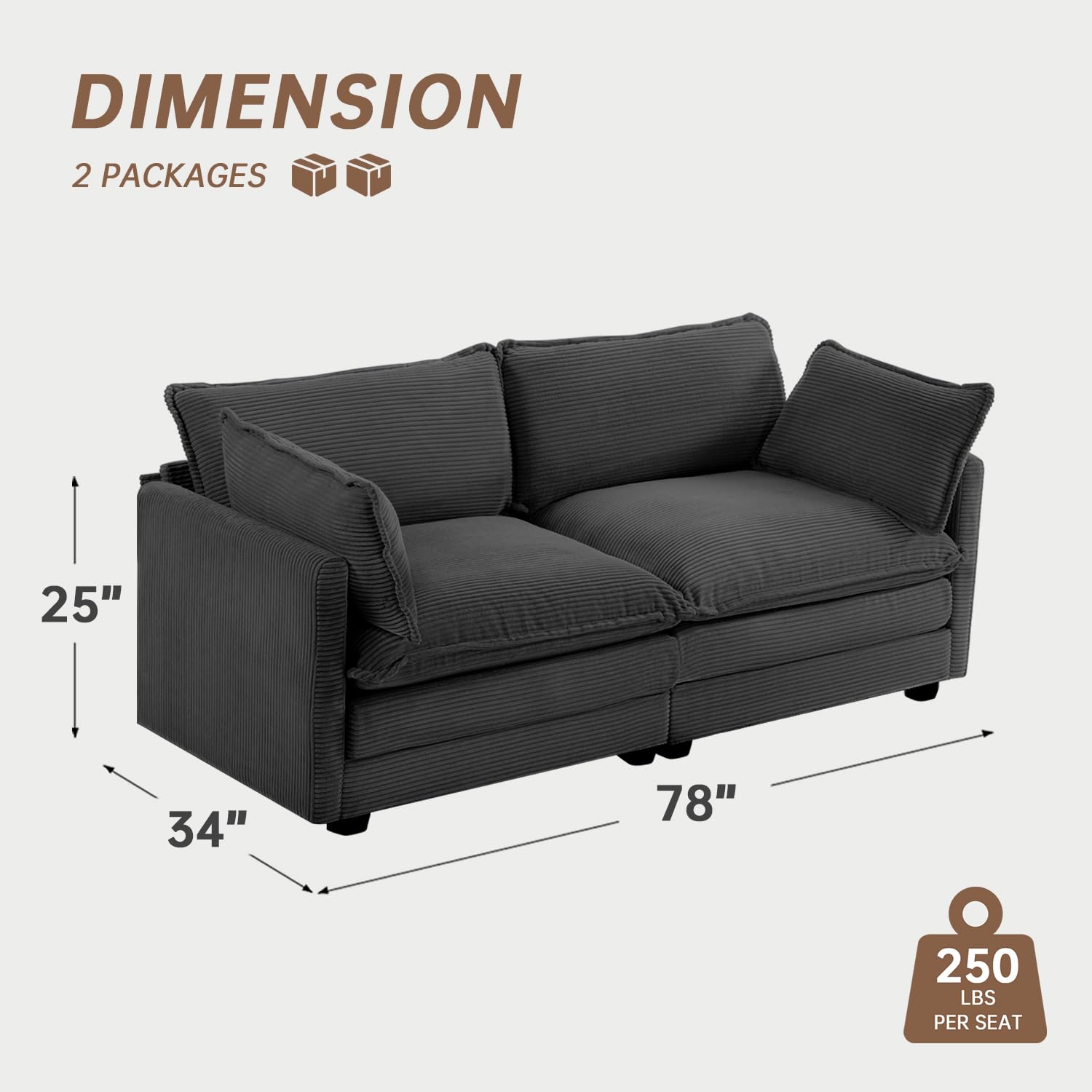 78'' Sectional 2 Seat Cloud Loveseat with 2 Throw Pillows, Modern Corduroy Love Seat, Convertible Cozy Sofa for Living Room, Bedroom and Office, Dark Grey