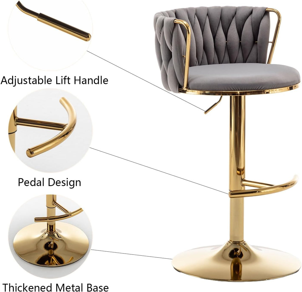Gold Velvet Bar Stools Set of 3, Swivel Counter Height Bar Stools with Back, Adjustable Woven Barstools for Kitchen Island, Pub, Club (Grey)