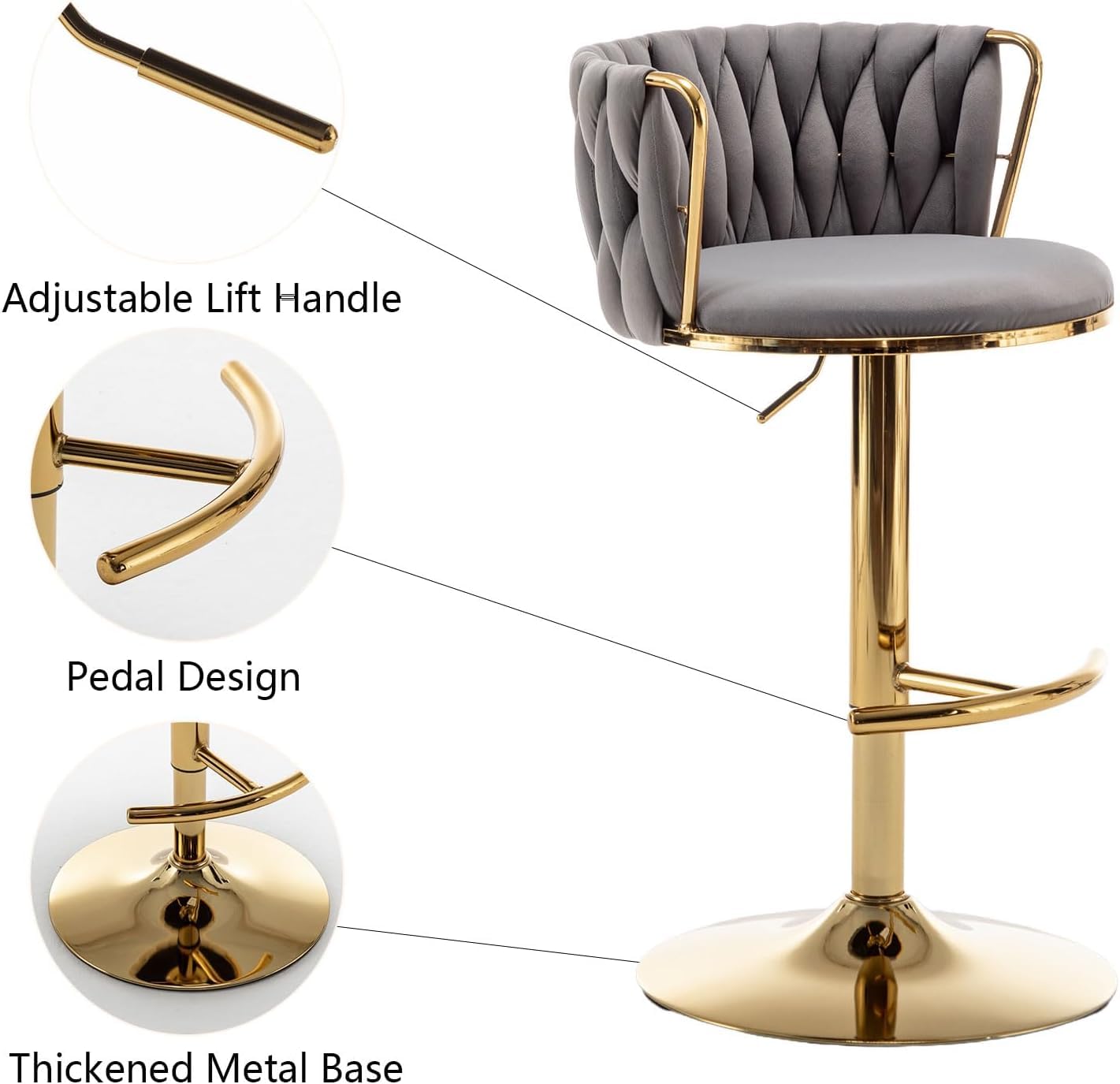 Gold Velvet Bar Stools Set of 3, Swivel Counter Height Bar Stools with Back, Adjustable Woven Barstools for Kitchen Island, Pub, Club (Grey)