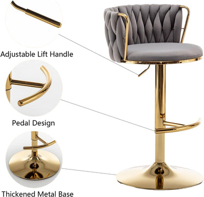 Gold Velvet Bar Stools Set of 3, Swivel Counter Height Bar Stools with Back, Adjustable Woven Barstools for Kitchen Island, Pub, Club (Grey)