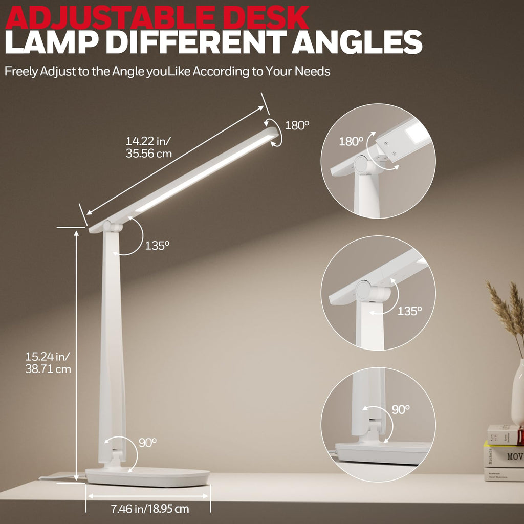LED Desk Lamp for Home Office, Eye-Caring Light with 4 Color Modes & Touch Control, USB A+C Charging Ports, Adjustable Rotating Head with Timer for Reading, Bedroom & Small Desks