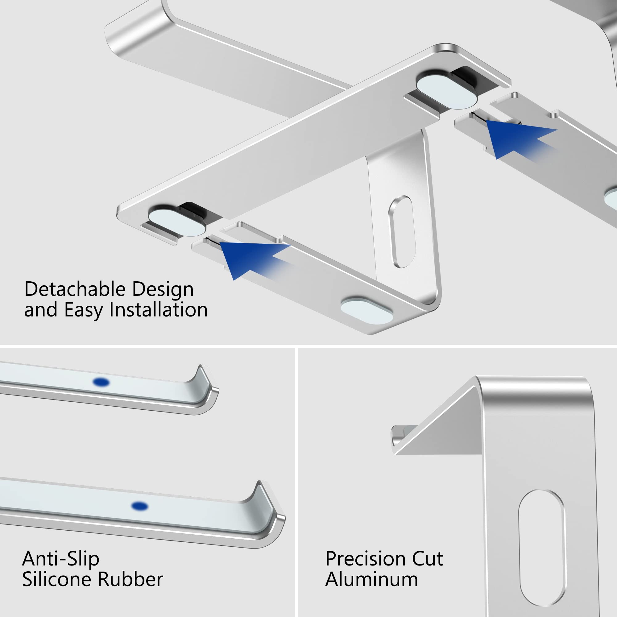 Aluminum Laptop Stand, Ergonomic Detachable Computer Stand, Notebook Riser, Laptop Mount Compatible with Air, Pro, Dell, HP, Lenovo More 10-15.6" Laptops, Silver