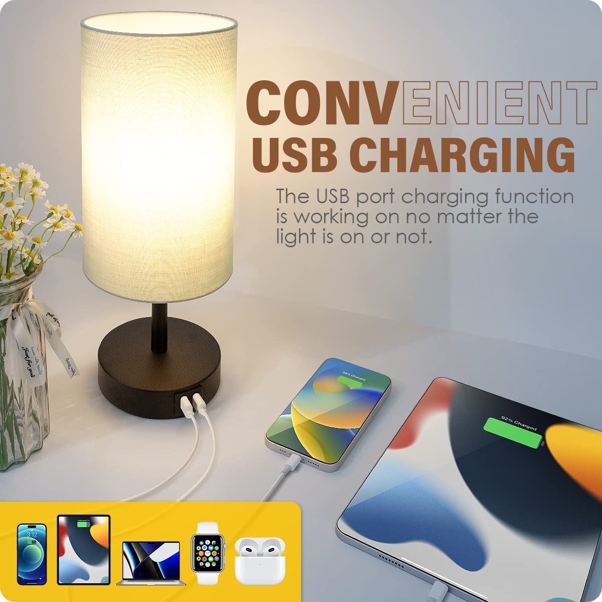 Desk Lamp with USB Port - Touch Control Table Lamp for Bedroom 3 Way Dimmable Nightstand Lamp with Round Grey Fabric Shade for Living Room, Dorm, Home Office (LED Bulb Included)