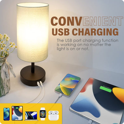 Desk Lamp with USB Port - Touch Control Table Lamp for Bedroom 3 Way Dimmable Nightstand Lamp with Round Grey Fabric Shade for Living Room, Dorm, Home Office (LED Bulb Included)