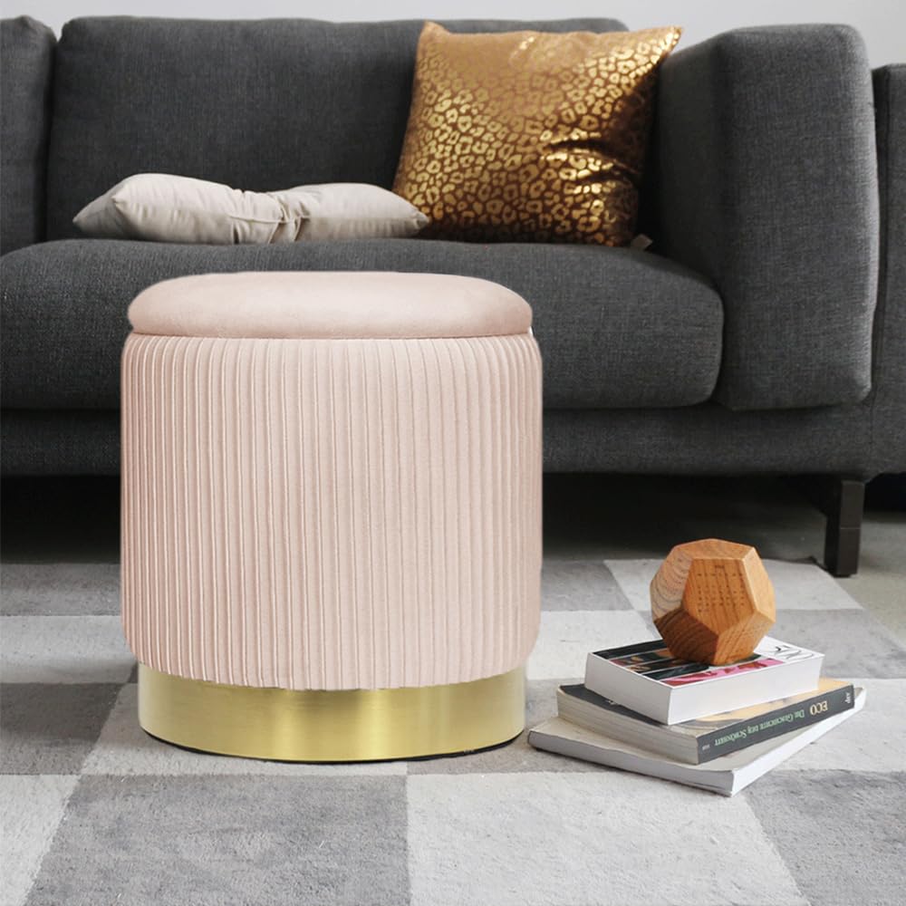 Pink Velvet Round Ottoman Set of 2 with Storage for Living Room Small Foot Stool Ottoman for Living Room Small Coffee Table,Vanity Stool with Storage for Bedroom Dorm