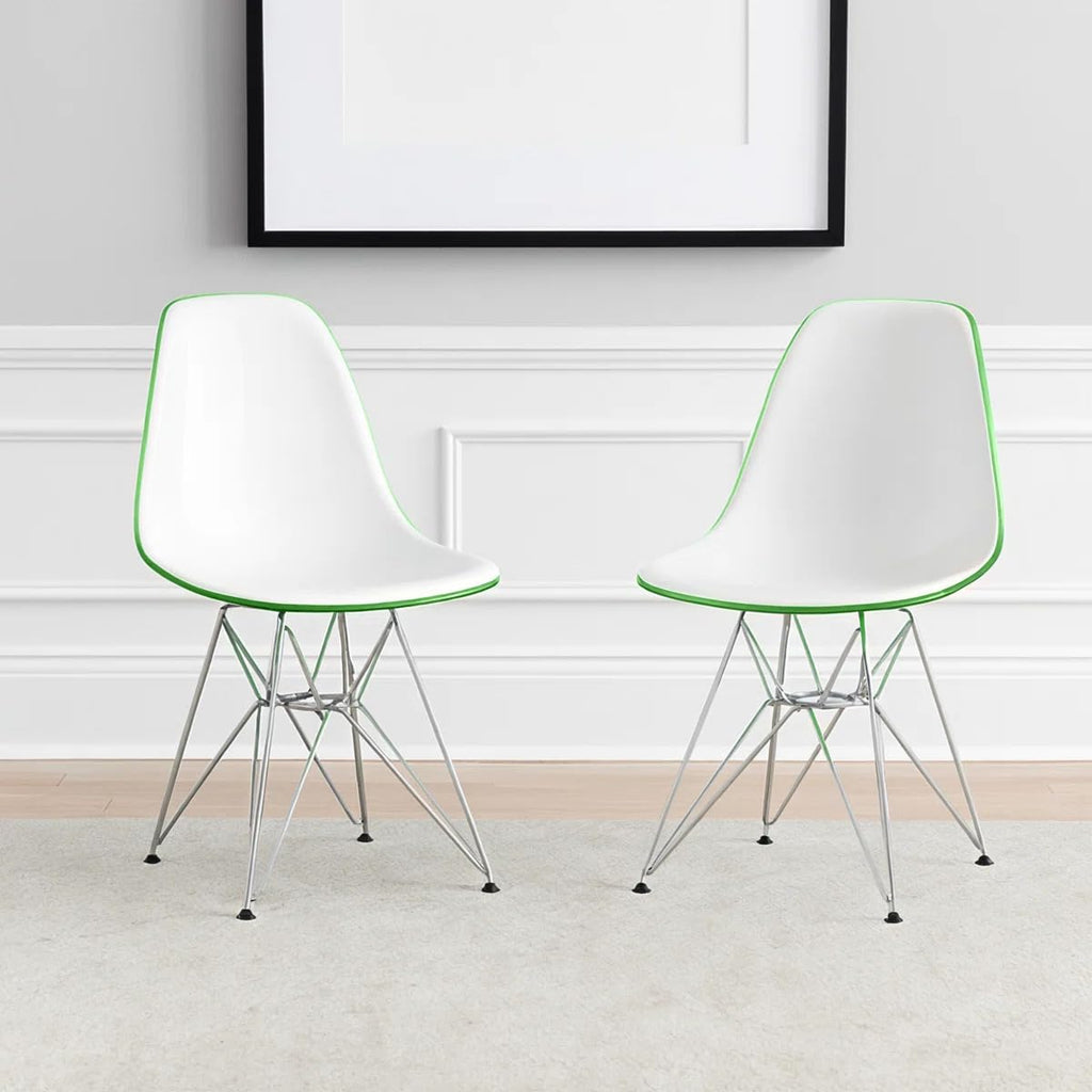 Dining, Modern Chrome Eiffel Base and Curved Back Design, Ergonomic and Lightweight Accent Side Chair for Mid-Century Home, Kitchen, and Café (White Green, Set of 2)