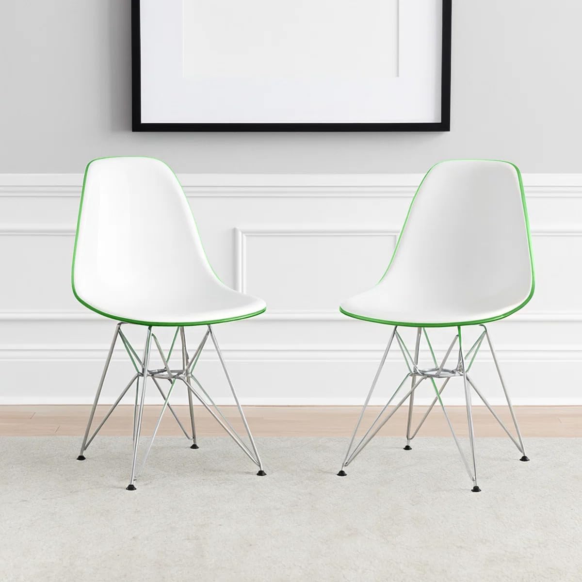 Dining, Modern Chrome Eiffel Base and Curved Back Design, Ergonomic and Lightweight Accent Side Chair for Mid-Century Home, Kitchen, and Café (White Green, Set of 2)