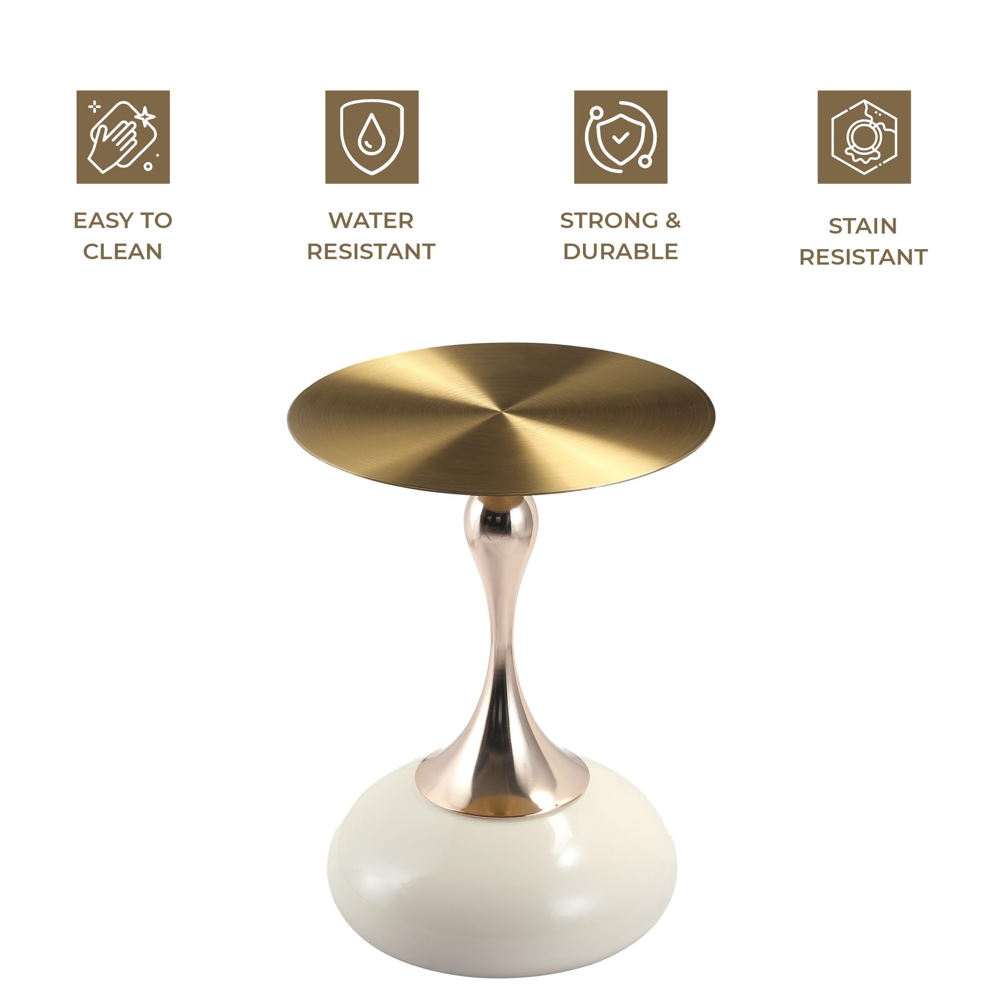 Modern Round Side Table with Gold Stainless Steel Top, Gold Pedestal Stem & Glossy Base, Accent End Table for Living Room, Bedroom, or Small Spaces, 17.7" × 21.6", White