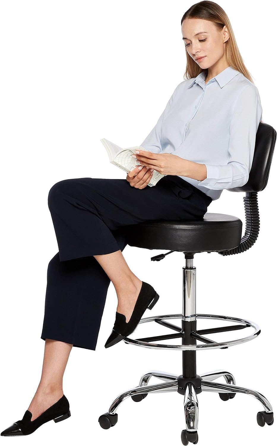 Multi-Purpose Adjustable Drafting Spa Bar Stool with Sturdy Foot Rest, Back Support Cushion, 360° Swivel and Wheels, Black