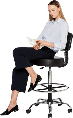 Multi-Purpose Adjustable Drafting Spa Bar Stool with Sturdy Foot Rest, Back Support Cushion, 360° Swivel and Wheels, Black