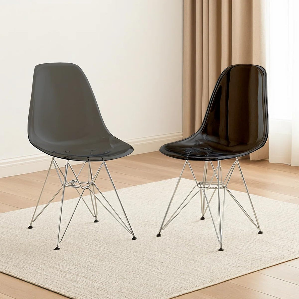 Dining, Modern Chrome Eiffel Base and Curved Back Design, Ergonomic and Lightweight Accent Side Chair for Mid-Century Home, Kitchen, and Café (Transparent Black, Set of 2)