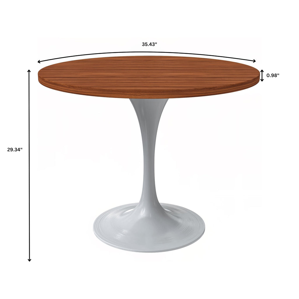 Mid-Century Modern 36 Inch Round Dining Table, MDF Wood Tabletop with White Steel Pedestal Base, Contemporary Kitchen & Dining Room Table, for Small Spaces (Cognac Brown)