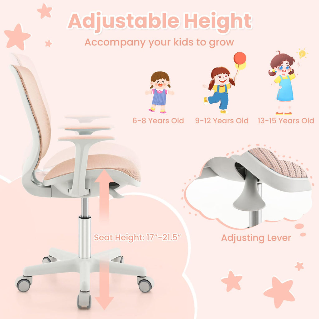 Kids Desk Chair, Height Adjustable Children Study Computer Chair with Armrests, Sit-Brake Casters, Swivel Mesh Task Chair for Boys Girls Teens Students, Kids Chair for Home, Office, School