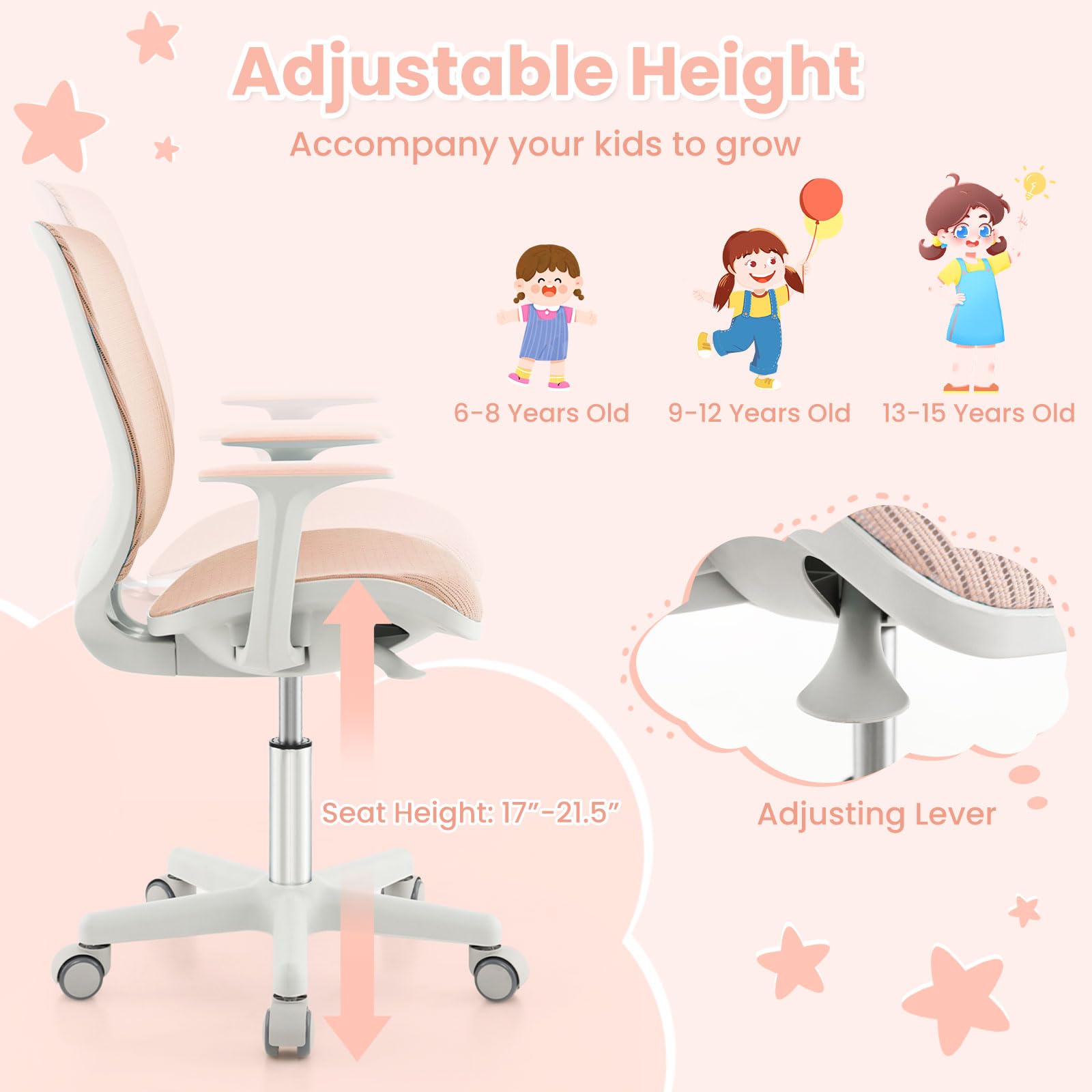 Kids Desk Chair, Height Adjustable Children Study Computer Chair with Armrests, Sit-Brake Casters, Swivel Mesh Task Chair for Boys Girls Teens Students, Kids Chair for Home, Office, School