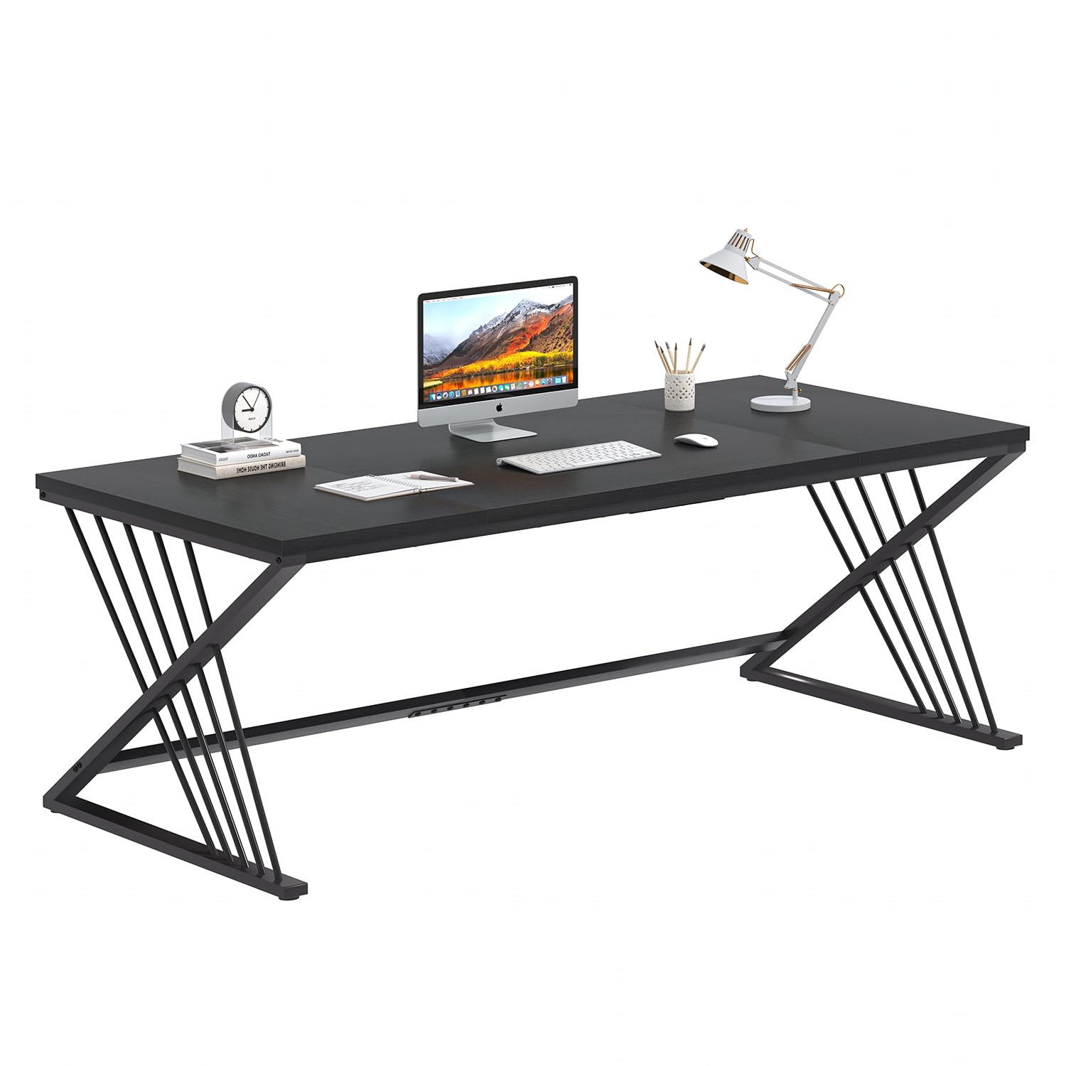 70.9" Black Computer Desk, Modern Home Office Desk, Large Gaming Workstation Executive Desk with Z-Shaped Legs, 2 Person Large Study Writing Table for Bedroom