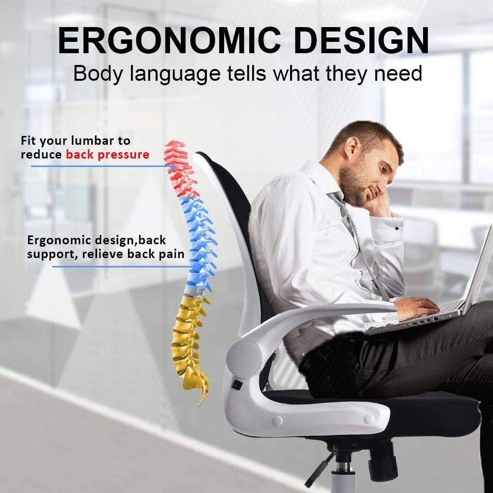 Foldable Office Chair - Home Office Desk Chairs with Wheels and Flip-Up Arms - Ergonomic Backrest Mesh Computer Chair Adjustable Swivel Rolling Home Executive (White)