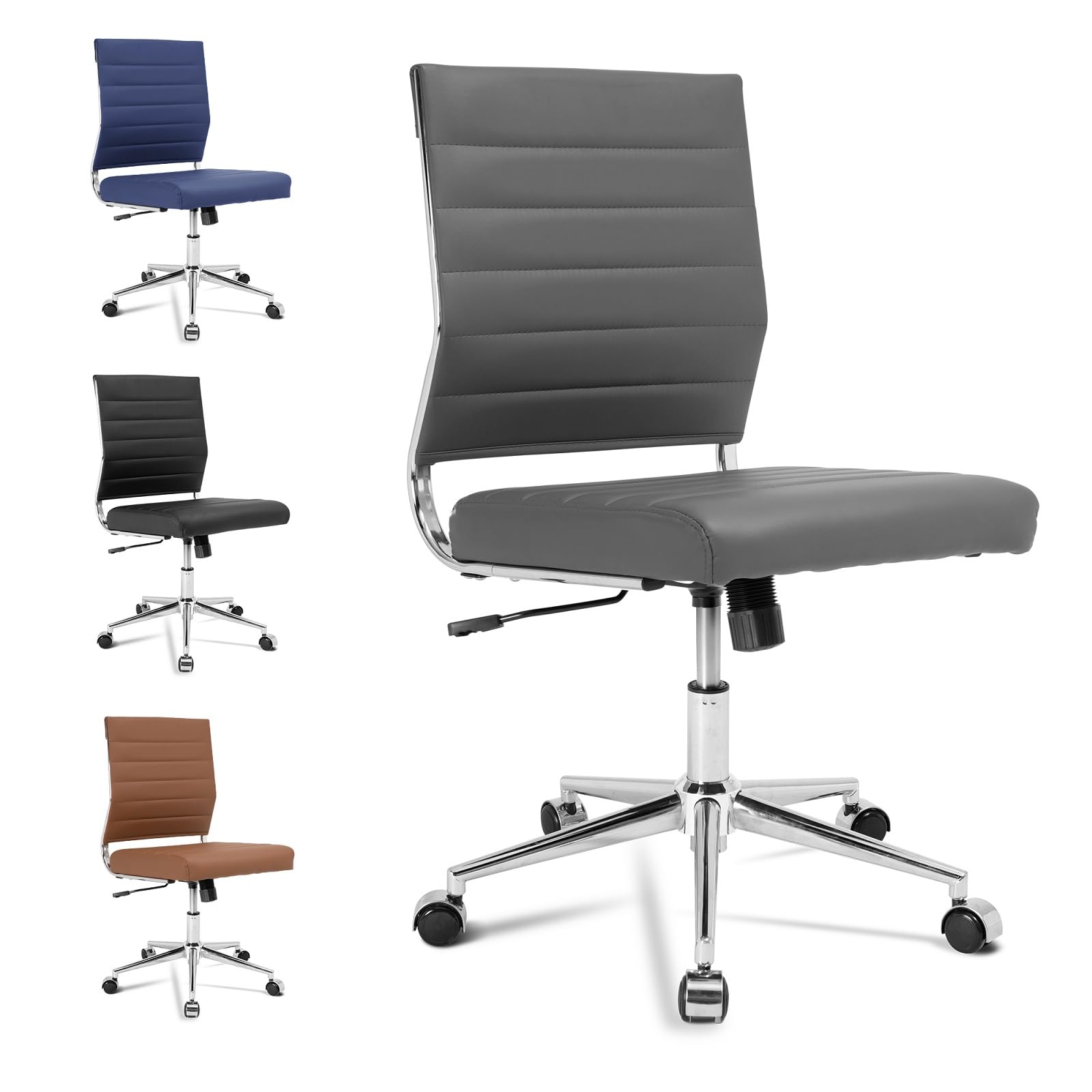 Armless Office Desk Chair, Mid Back Ergonomic Swivel Conference Room Chair, Adjustable Height PU Leather Home Desk Chair with Lumbar Support, Modern Small Rolling Computer Task Chair, Gray