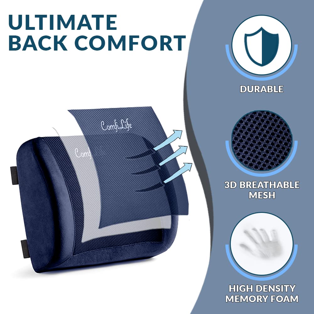 Lumbar Support Back Pillow Office Chair and Car Seat Cushion - Memory Foam with Adjustable Strap and Breathable 3D Mesh (Navy)