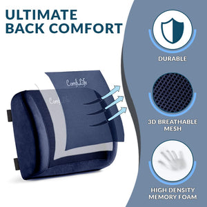 Lumbar Support Back Pillow Office Chair and Car Seat Cushion - Memory Foam with Adjustable Strap and Breathable 3D Mesh (Navy)