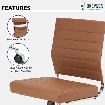 Brown Armless Office Desk Chair, Mid Back Ergonomic Swivel Conference Room Chairs, Adjustable Height PU Leather Home Desk Chair, Modern Small Rolling Computer Task Chair