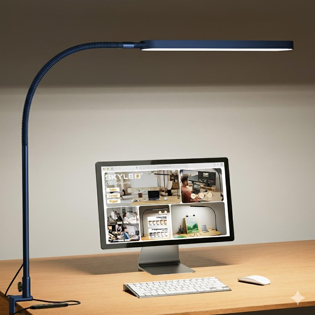 LED Desk Lamp - Desk Light for Home Office - Flexible Gooseneck - 5 Color Modes X 11 Brightness Levels - 1300LM - Timmer & Memory Function - 12W Clip on Light - Blue