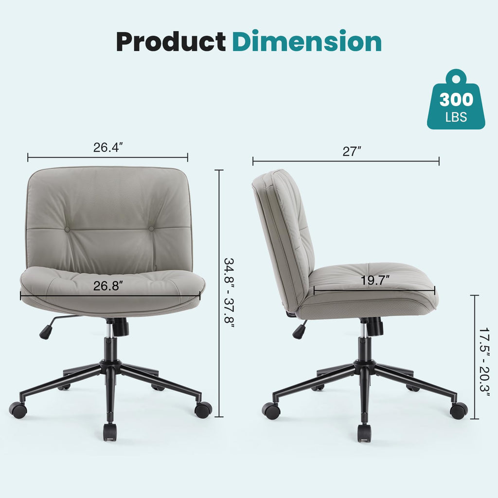 Criss Cross Chair with 360° Swivel Wheels, Armless Wide Cross Legged Vanity Office Desk Chair with Comfy PU Leather& Back - Swivel for Home Office Bedroom Study, Gray