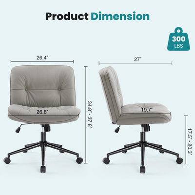 Criss Cross Chair with 360° Swivel Wheels, Armless Wide Cross Legged Vanity Office Desk Chair with Comfy PU Leather& Back - Swivel for Home Office Bedroom Study, Gray
