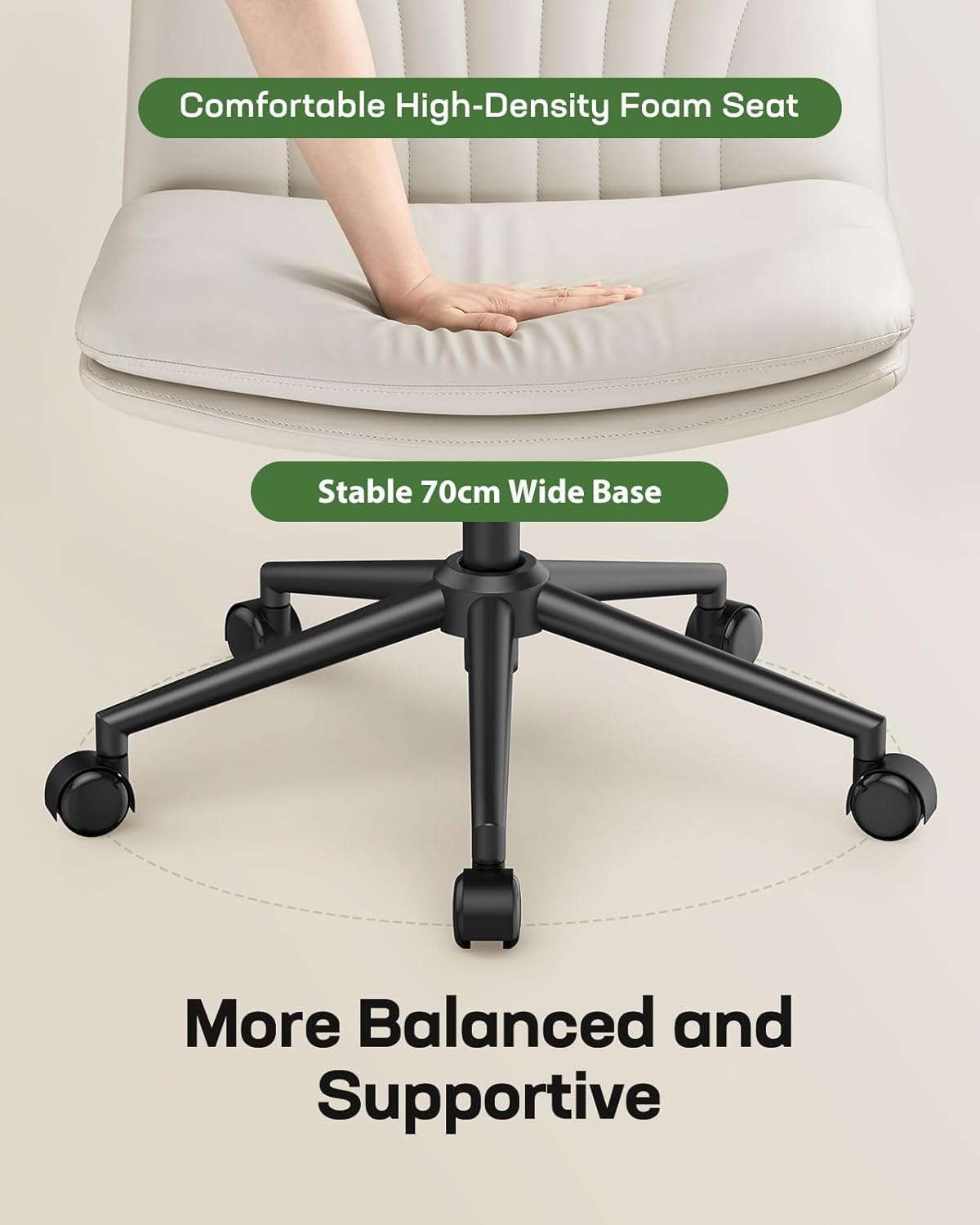 Armless-Office Desk Chair with Wheels: PU Leather Cross Legged Wide Chair,Comfortable Adjustable Swivel Task Chairs for Home,Office,Make Up,Small Space,Bed Room(Light Beige)