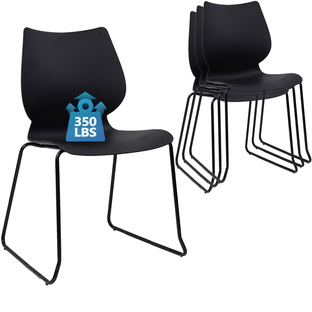 Set of 4, Black, Stackable Waiting Room Chair, Stacking Office Chair with Ergonomic Lumbar Support and Metal Legs, Plastic Desk Chairs for Conference School Church Guest Reception