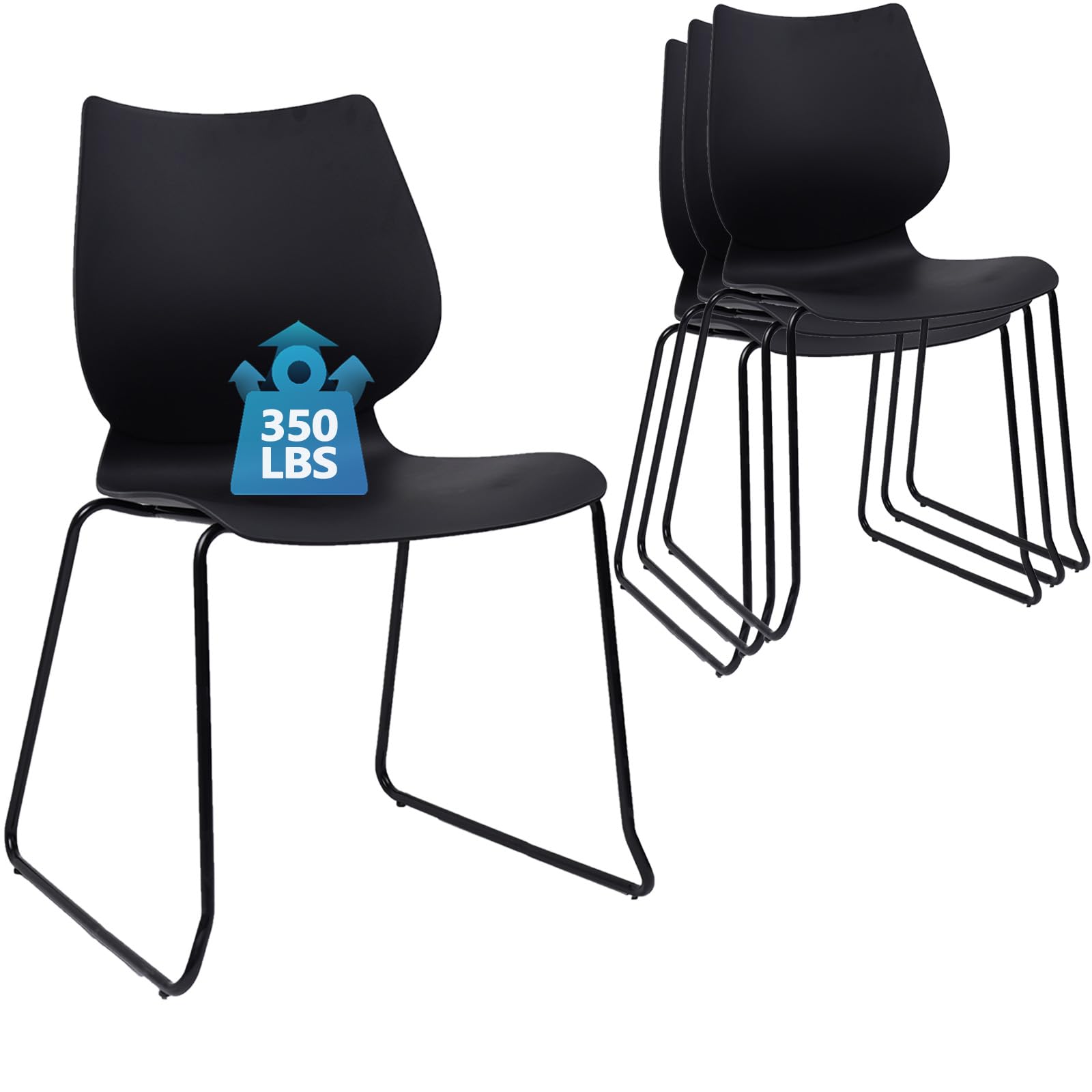 Set of 4, Black, Stackable Waiting Room Chair, Stacking Office Chair with Ergonomic Lumbar Support and Metal Legs, Plastic Desk Chairs for Conference School Church Guest Reception