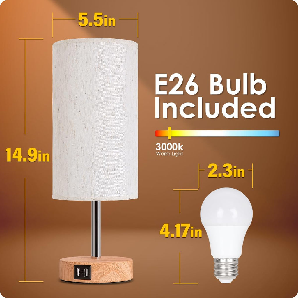 Bedside Table Lamp with USB Port - Touch Control for Bedroom Wood 3 Way Dimmable Nightstand Lamp with Round Flaxen Fabric Shade for Living Room, Dorm, Home Office (LED Bulb Included)