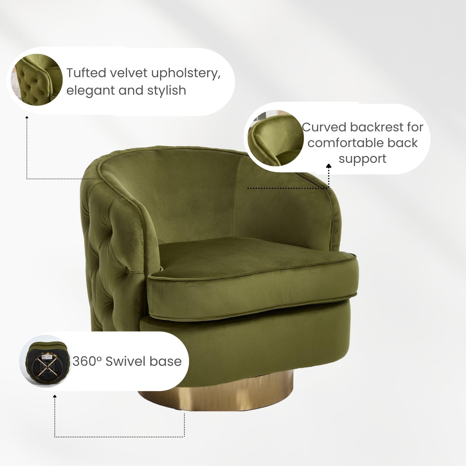 360 Degree Swivel Barrel Accent Chair, Modern Tufted Velvet Upholstered Round Arm Chair with Tall Backrest, Side Reading Seat Single Sofa for Living Room, Green