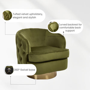 360 Degree Swivel Barrel Accent Chair, Modern Tufted Velvet Upholstered Round Arm Chair with Tall Backrest, Side Reading Seat Single Sofa for Living Room, Green